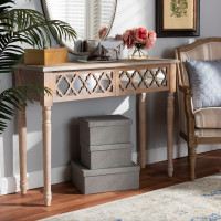 Baxton Studio JY17A044-Natural Brown/Silver-Console Celia Transitional Rustic French Country White-Washed Wood and Mirror 2-Drawer Quatrefoil Console Table